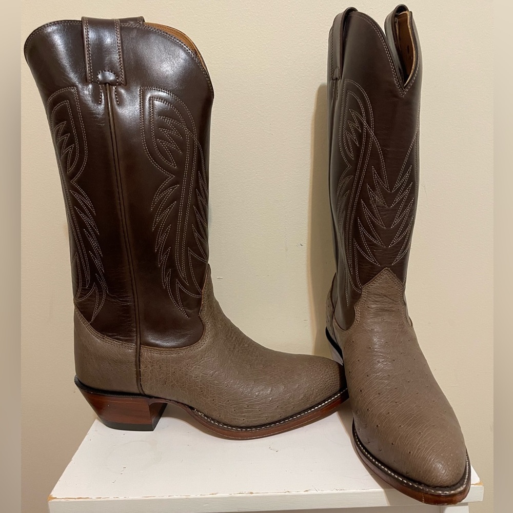 NWT Alberta Boots Gray Brown Ostrich & Cowhide Cowboy Western Boots Men Size 8.5 - Picture 2 of 10